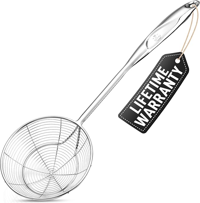 Zulay Kitchen Premium Stainless Steel Skimmer Strainer Ladle - 15” Large Straining Spoon for Frying, Boiling & Blanching - Durable, Rust-Resistant & Heat-Proof Kitchen Tool for Everyday Use