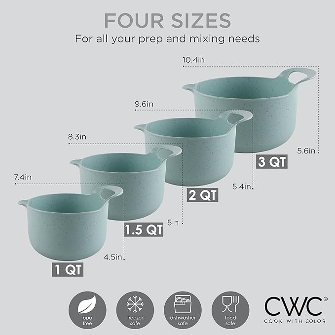 COOK WITH COLOR Nesting Plastic Mixing Bowl Set with Pour Spouts and Handles, Speckled Mint, 4 Piece Non-Slip