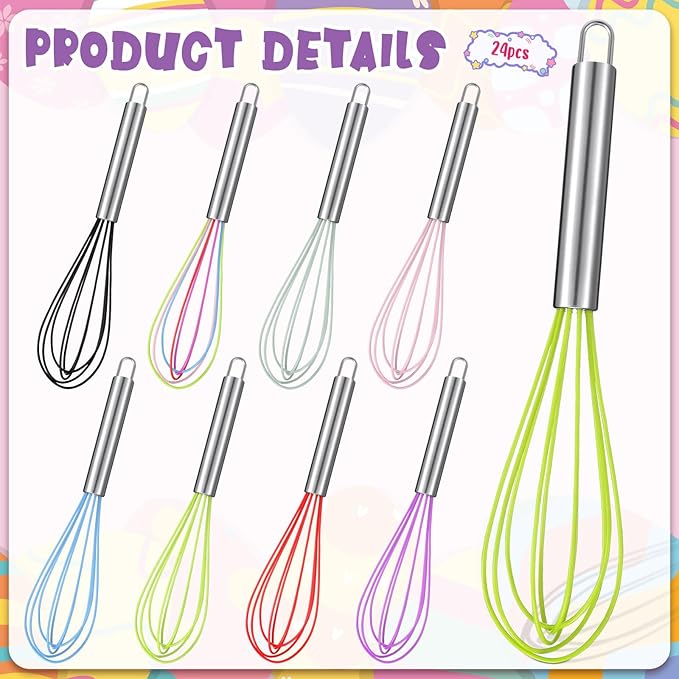 Domensi 24 Pcs 10 Inch Christmas Whisks Bulk for Cooking Silicone Whisks Non Scratch Stainless Steel Egg Beater Colorful Coated Metal Heat Resistant Egg Beaters for Holiday Party Favor Gift Supplies