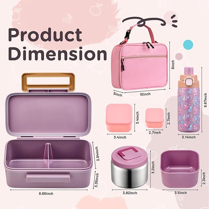 MAISON HUIS Bento Box for Kids with 8oz Soup Thermo, Insulated Lunch Bag & 17oz Water Bottle, 2-Compartment Bento Box with Built-In Ice Pack, Leak-Proof & BPA-Free