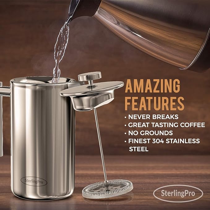 Stainless Steel French Press Coffee Maker Large 1 L(34 oz) Mirror – Durable Double Walled Insulated Coffee Press Keeps Drinks Hot, Easy to Use and Clean Stylish Design for Rich Flavor