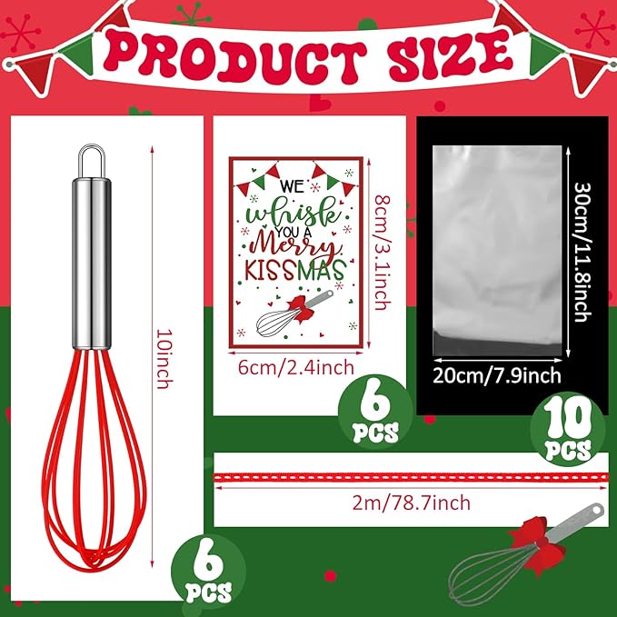 Zhehao 6 Sets 10 Inch Christmas Whisk Baking Gifts Sets Includes Stainless Steel Whisk Greeting Cards Ribbon and Plastic Bags for Neighbor Family Cooking Supplies Christmas Stocking Stuffers Ideas