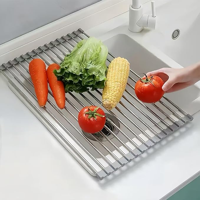 Roll Up Dish Drying Rack, 19.7" x 15.8" Over The Sink Dish Drying Rack, Kitchen Dish Rack Foldable Dish Drainer, Stainless Steel Dish Drying Rack for Kitchen Sink Counter Storage (Grey)
