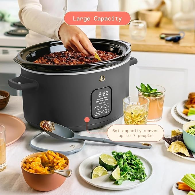 Beautiful 6 Qt Programmable Slow Cooker by Drew Barrymore - 5 Preset Cooking Functions, Digital Countdown Timer, Dishwasher-Safe Parts, and Cool-Touch Handles (Oyster Grey)