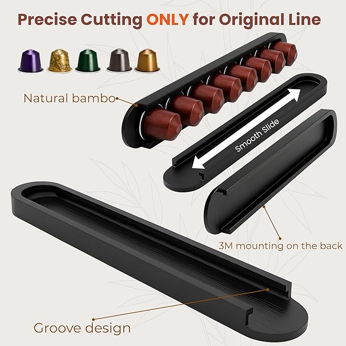 Bamboo Coffee Pod Holder, Adhesive Wall Mount for Cabinet Door, 36-Capsule Storage (Set of 4) — Vertical/Horizontal — Compatible with Nespresso Original Line-Black