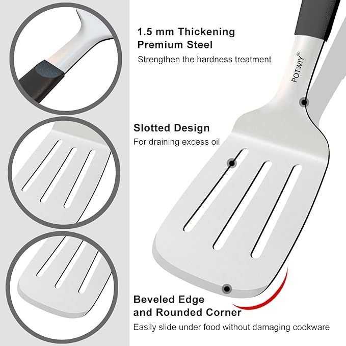 Stainless Steel Wide Spatula Set, Heavy Duty Large Metal Spatulas for Cast Iron Skillets Griddle and BBQ Grill, Solid and Slotted Turner with Silicone Handle for Smash Burgers and Pancake