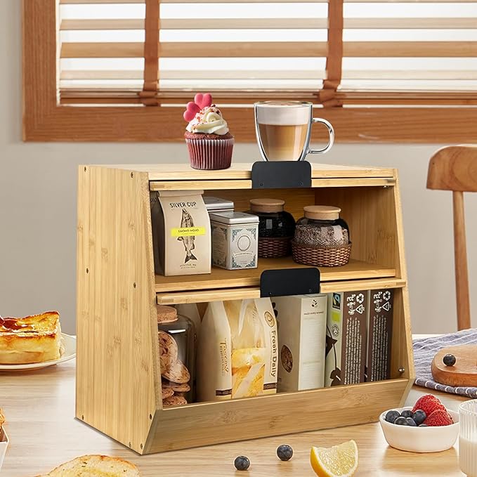Thick&Thin Bread Box for Kitchen Countertop, Wooden Bread Storage For Kitchen Organizers, Large Capacity With Window Homemade Bread Bin, Double Layer Corner Bread Box