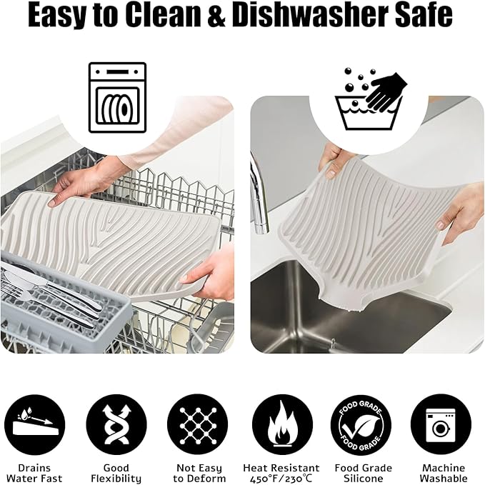 Dish Drying Mat, Stone Drying Mat for Kitchen Counter with Built-in Drain, Non-Slip Drying Matt Kitchen Counter, Heat Resistant Silicone Drying Mat, Dish Drying Pad, 2 Pcs (Cream 19.7" x 17")