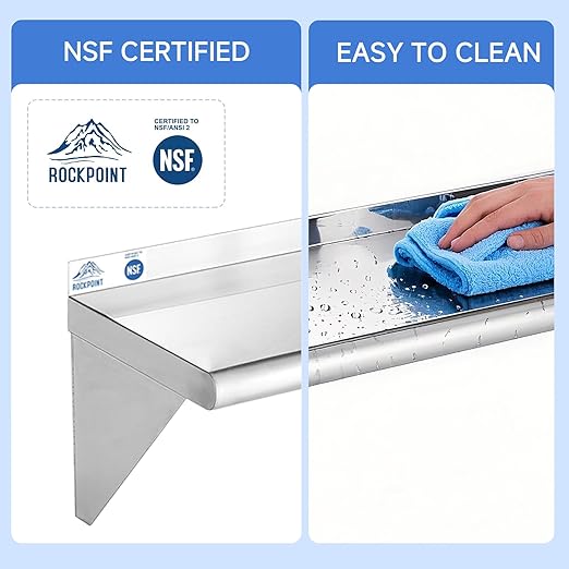 ROCKPOINT Stainless Steel Shelf 12 x 24 Inches 250lb, 2 Pack NSF Metal Commercial Shelves Wall Mount Floating Shelving with Backsplash for Restaurant, Kitchen, Home and Hotel, Silver