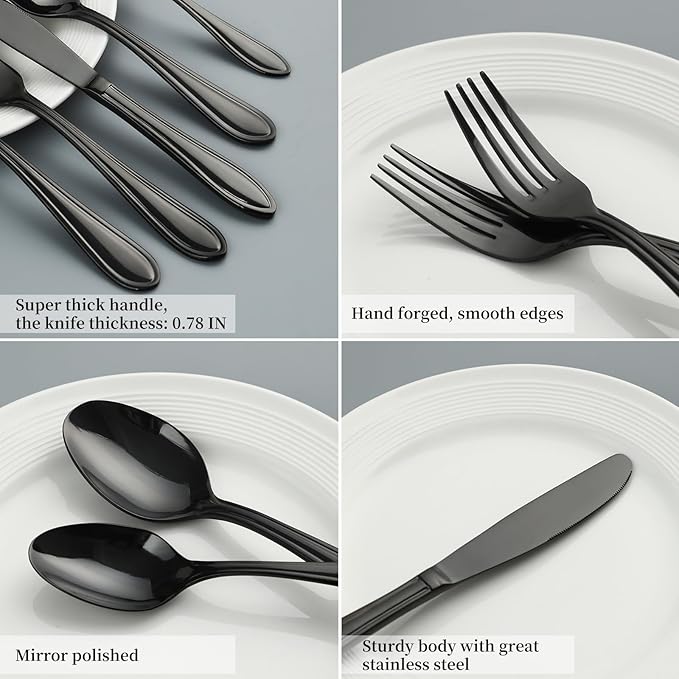 Black Silverware Set, 30-Piece Stainless Steel Flatware for 6, Heavy-Duty 18/0 Stainless Steel Utensils,Mirror Polished Dishwasher Safe for Home & Kitchen Dining