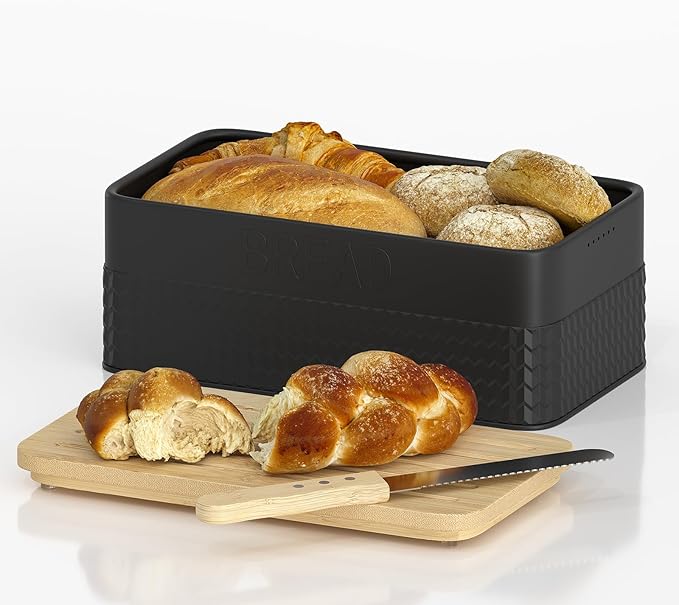 Bread Box for Kitchen Countertop - Metal Bread Storage with Bamboo Cutting Board Lid & Bread Knife, Corner Bread Container for Homemade Bread and Toast, Black