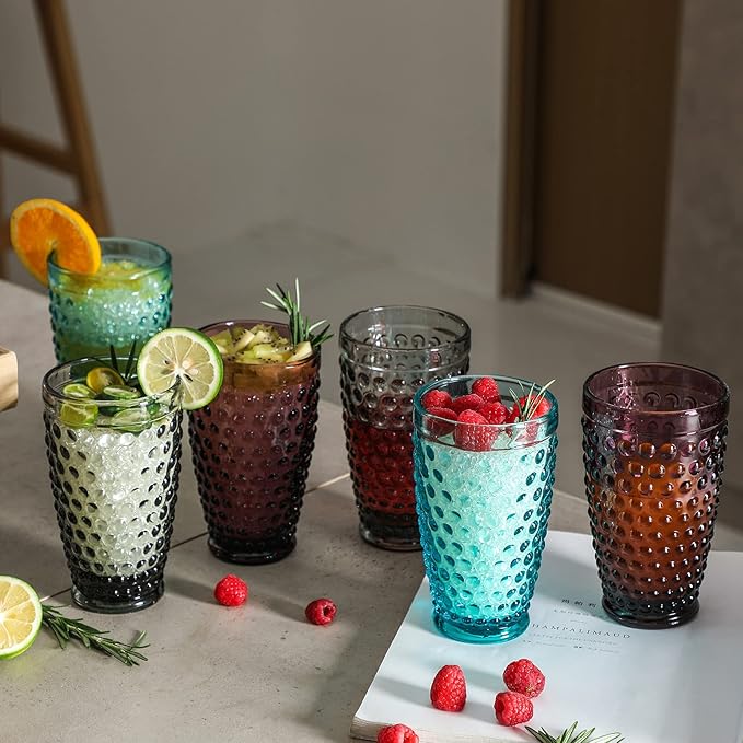 G Hobnail Old Fashioned Iced Beverage Glass 13oz Set of 6, Premiun Glass Set for Refreshments Soda Juice Perfect for Dinner Parties, Bars & Restaurants (Multicolor, Highball)