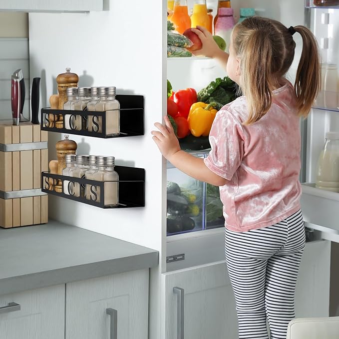 2 Pack Spices Magnetic Spice Rack for Refrigerator Metal Magnet Basket Shelf for Fridge Seasoning Storage Organizers Home Decor Kitchen Accessories (Black)