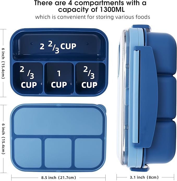 Bento box adult work lunch box, adult container, with 4 compartments, lunch container with cutlery (knife, fork, spoon, sauce box), animal fruit fork, microwave and dishwasher safe, Sky blue
