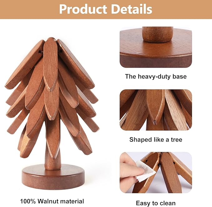 Wooden Tree Trivets for Hot Dishes, Wood Coasters Set of 5 for Hot Pots and Pans Stackable, DIY Wooden Christmas Tree Trivet (5 Walnut Trivets +1 Stand)