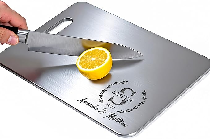 Personalized Titanium Cutting Board for Kitchen, 100% Pure Titanium and Stainless Steel, Double-Sided Cutting Boards, Custom Engraved Gift for Christmas, Housewarming, Wedding, Anniversary