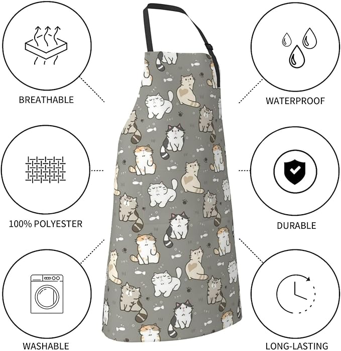 Cute Cat Apron Adjustable with 2 Pockets Cooking Kitchen Aprons for Men Women Outdoors Baking Chef Apron