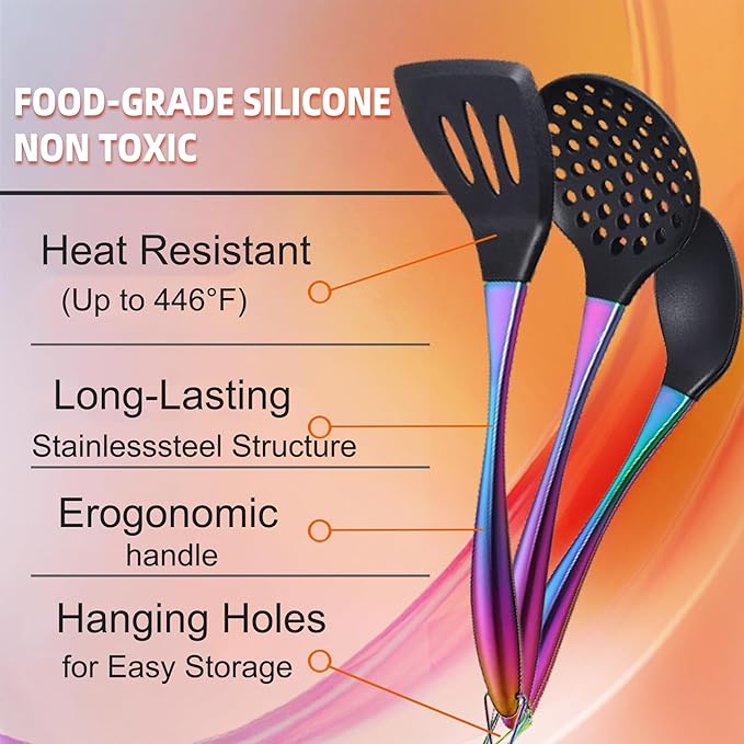 Kitchen Utensils Set, Large Non-stick Silicone Cooking Utensils Set 6 Pcs,Made of 446°F Heat Resistant Food Grade Silicone and Stainless Steel Handles,Easy to Clean Kitchen Gadgets Set (Rainbow)