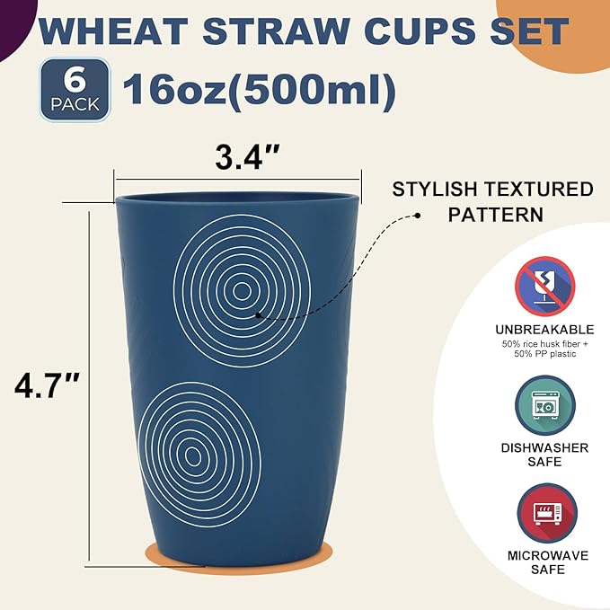 Wrova Wheat Straw Water Cups 16oz with Etched Pattern - Alternative Plastic Drinking Glasses Set of 6 - Reusable Tumbler Cups for Kids - Green