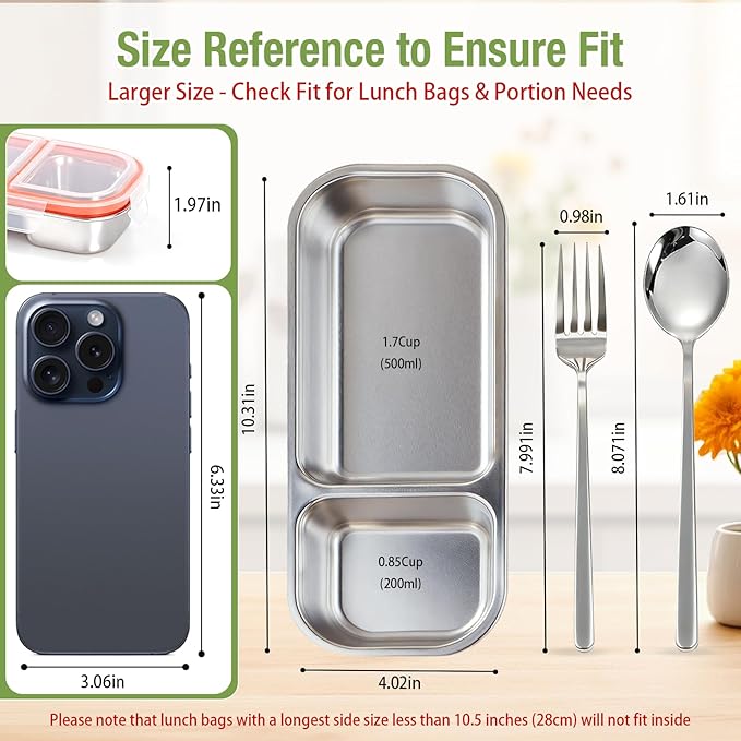 2 Pack Stainless Steel Snack Containers with Fork & Spoon, 2 Compartment Metal Bento Lunch Box with Leakproof Lids, Reusable Snack Bento Prep Containers for Home, Office, Travel