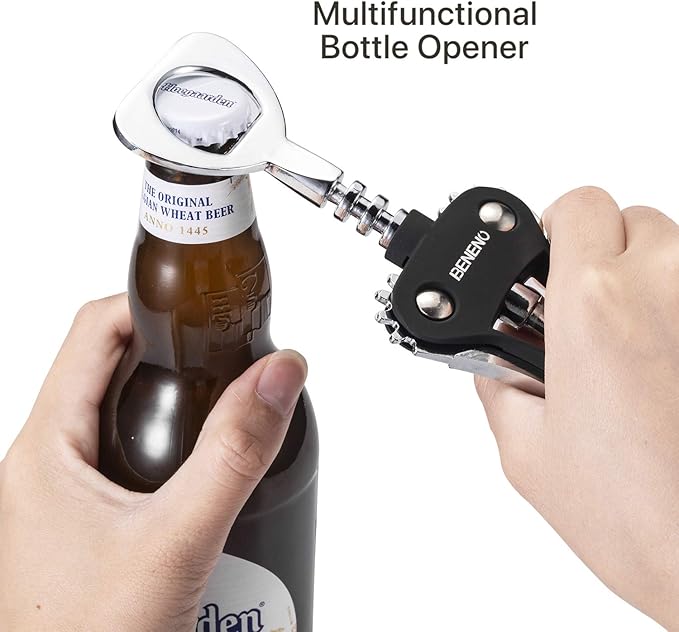 Beneno Wine Opener with Stainless Steel Wine Foil Cutter - Bottle Top Seal Cutter, Zinc Alloy Premium Wing Corkscrew with Multifunctional Bottles Opener, Upgrade Black Set