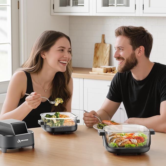 4-in-1 Portable Glass Air Fryer, 140–400°F Precise Heat, Max Crisp Technology, 4.2QT & 1.6QT Dual Containers with Lids, Freezer & Dishwasher Safe, Bake, Recrisp, Air Fry