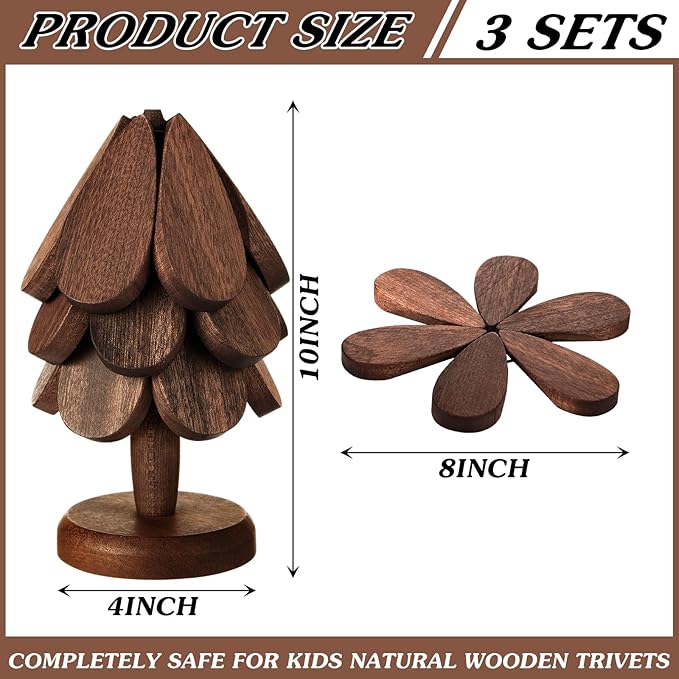 Suzile 2 Set Wooden Trivets - Tree Shape Foldable Heat Resistant Pads for Teapot Pans Bowl Kitchen (3 Layers)