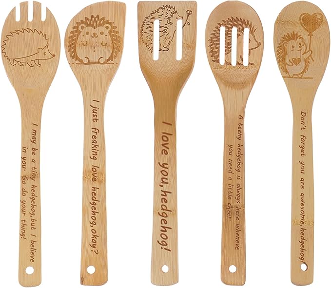 5PCS Hedgehog Wooden Cooking Spoons Set Hedgehog Gifts for Women Kitchen Decor Bamboo Cooking Utensil Spoons for Housewarming Wedding Anniversary Thanksgiving Christmas Gifts Mom Women