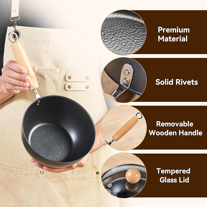WANGYUANJI 7.1 Inch Hammered Cast Iron Saucepan with Glass Lid, Removable Beechwood Handle, Small Milk Pot for Boiling, Simmering, Heating – Non-Coated, Stovetop Compatible