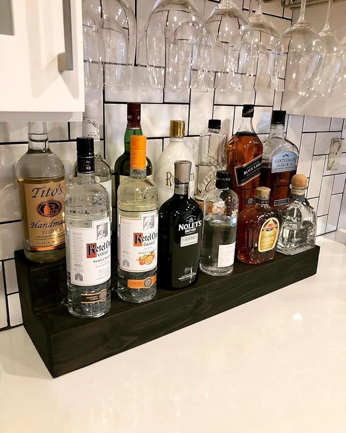Tiered Bottle Shelf | 2 Tier Liquor Bottle Display | Bar Organization | Display Shelf | Wine Shelf | Bar Display | Kitchen Counter Shelf (24", Black)