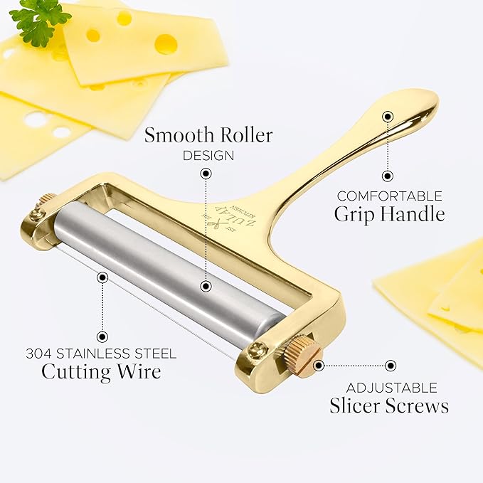 Zulay Kitchen Cheese Slicer With Adjustable Thickness – Heavy Duty Block Slicer with 2 Extra Wires – Ideal for Mozzarella, Cheddar, Gouda - Gold