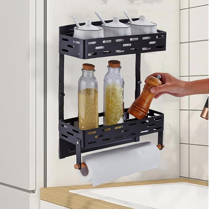 Magnetic Spice Rack for Refrigerator, Magnetic Shelf for Fridge Moveable Magnetic Paper Towel Holder Metal Fridge Magnet Orqanizer 8 Hooks for Kitchen Space Saving