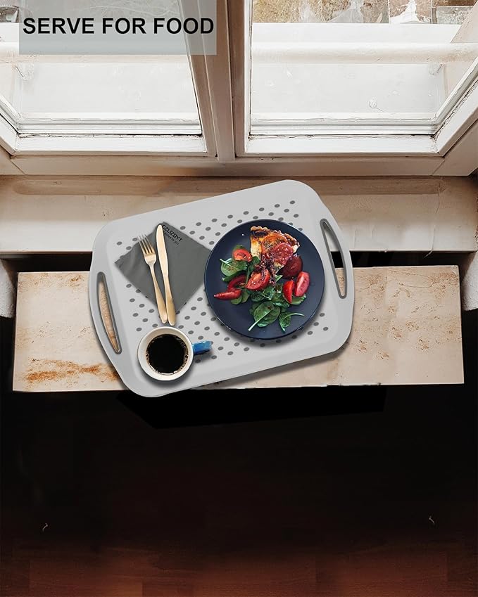 Large Nonslip Serving Tray with Handles, Silicone Grippy Dots Lap Food Trays for Eating, Dishwasher Safe Serve for Breakfast Dinner Snack Fruit Appetizers Beverage, Rectangular, Set of 2, White