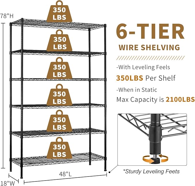 6-Tier Storage Shelves 48" x 18" x 82" Heavy Duty Metal Shelving Unit 2100Lb Capacity Adjustable Storage Racks with Wheels NSF Garage Wire Shelf for Basement Commercial, Black