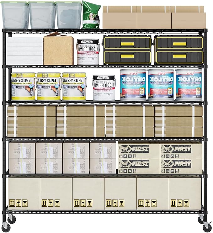 Karl home 6-Tier Adjustable Metal Storage Shelves, Wire Shelving Unit with Wheels & Leveling Feet, Heavy Duty Garage Shelving, Pantry & Kitchen Display Shelf Organizer, Home Storage Rack