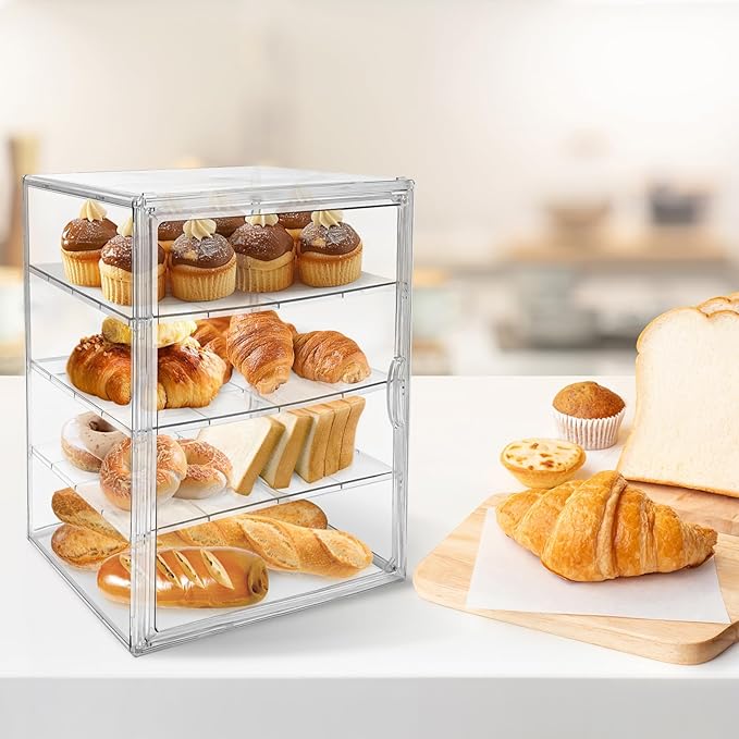 Extra Large 4 Tiers Clear Bread Box for Kitchen Counter, Acrylic Bread Keeper Stackable Storage Container Plastic Bread Bin Holder with Magnetic Door for Pantry Countertop