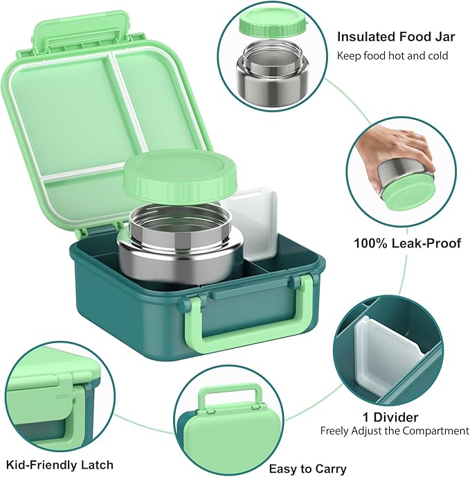 Bento Box for Kids with Soup Thermos(9oz)– Kid Bento Lunch Box with Leak Proof Insulated Food Jar, Hot & Cold Lunch Container Set for School Girls Boys, 4-Compartments, Dishwasher Safe, Green