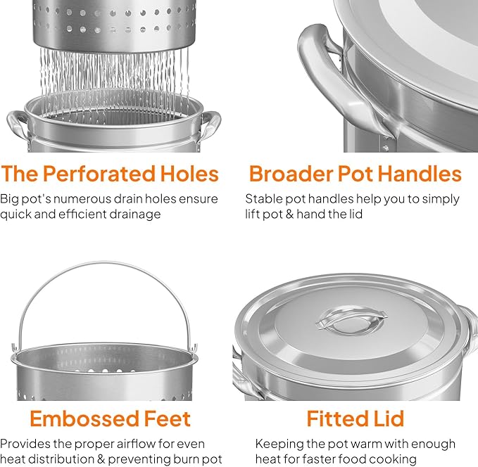 Bonnlo 44QT Turkey Fryer Pot with Steamer Basket, Lid & Lifting Hook, Stainless Steel Seafood Boil-Pot for Lobster, Crab & Shrimp, Heavy-Duty Deep Stockpot for Outdoor Boiling, Cooking & Frying