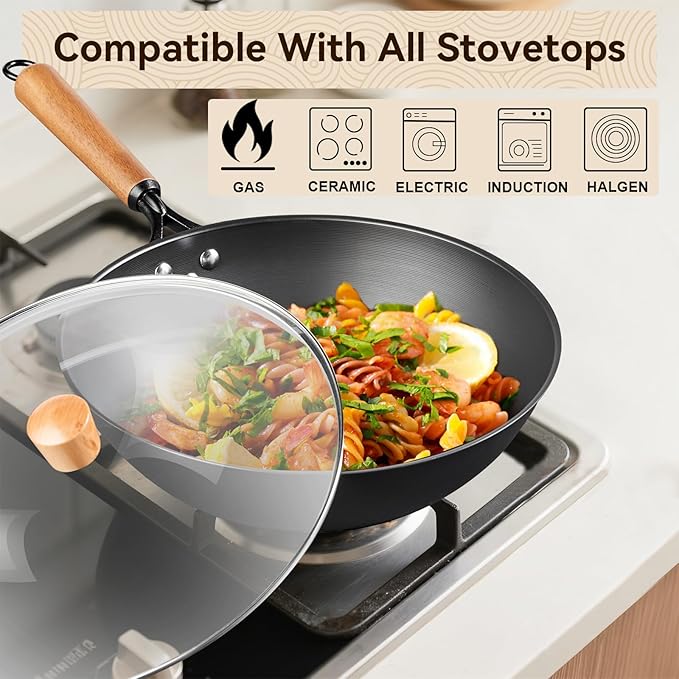 12.6" Iron Wok, Spin-Forged Refined Iron Stir Fry Pan with Wooden Handle, Flat Bottom Wok Pan with Reinforced Rim, Lightweight Woks & Stir-Fry Pans for Everyday Cooking