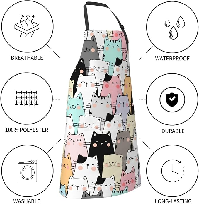 Cute Cat Apron Adjustable with 2 Pockets Cooking Kitchen Aprons for Men Women Outdoors Baking Chef Apron