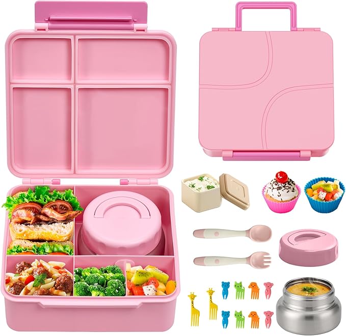 JSLOVE Bento Lunch Box with Leak Proof Thermos Food Jar for Kids, Food Lunch Containers for Girls with 4 Compartments, BPA-Free with Utensils, Food Picks, Sauce Jar & Silicone Lunch Box Dividers