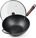 BIELMEIER Carbon Steel Wok, 12.5 Inch Stir Fry Pan with Lid, Natural Non-Stick Flat Bottom Wok for All Cooktops, Pre-Seasoned for Asian Cuisine, Sauté, Searing
