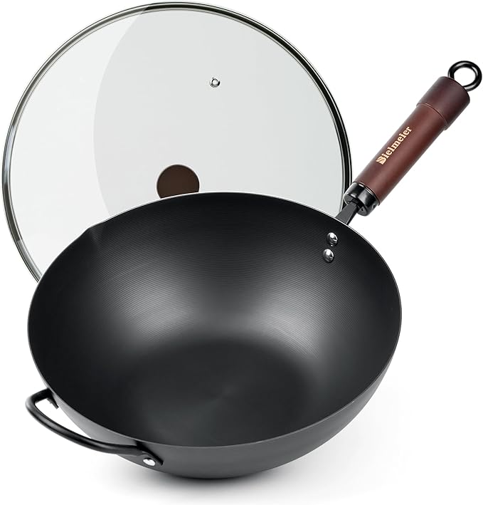 BIELMEIER Carbon Steel Wok, 12.5 Inch Stir Fry Pan with Lid, Natural Non-Stick Flat Bottom Wok for All Cooktops, Pre-Seasoned for Asian Cuisine, Sauté, Searing
