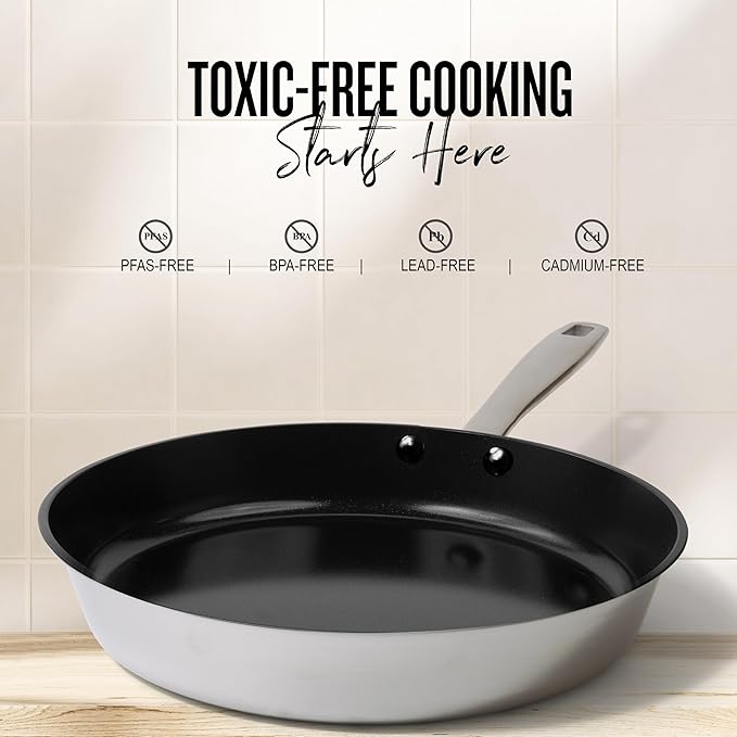 Alva Maestro 9.5-Inch Stainless Steel Nonstick Frying Pan – Made Without PFAS, PFOA & PTFE Ceramic Coating – Reinforced 5-Ply Aluminum Core, Oven & Induction Safe for Even Heat, Easy to Clean Coating
