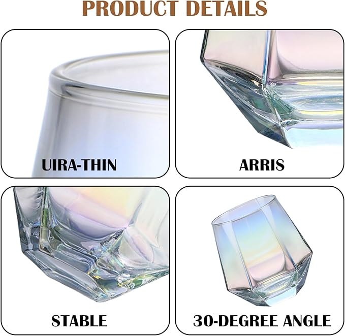 CUKBLESS Wine Glasses Set of 6 (10 Oz), Stemless Wine Glass for Red and White Wine, Iridescent Diamond Shaped Glassware for Whiskey, Cocktail, mixed wine, soft drink, and more