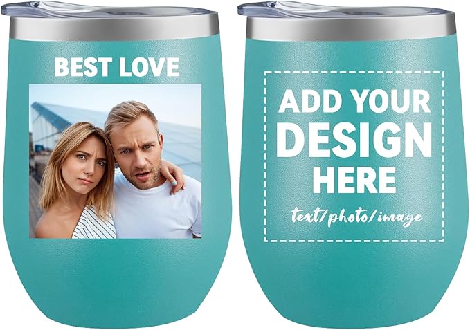 MEWAY Personalized Custom 12oz Wine Tumbler with Lid, Insulated Double Wall Vacuum Travel Tumbler Gifts with Text Photo Logo (Blue, 1pack)