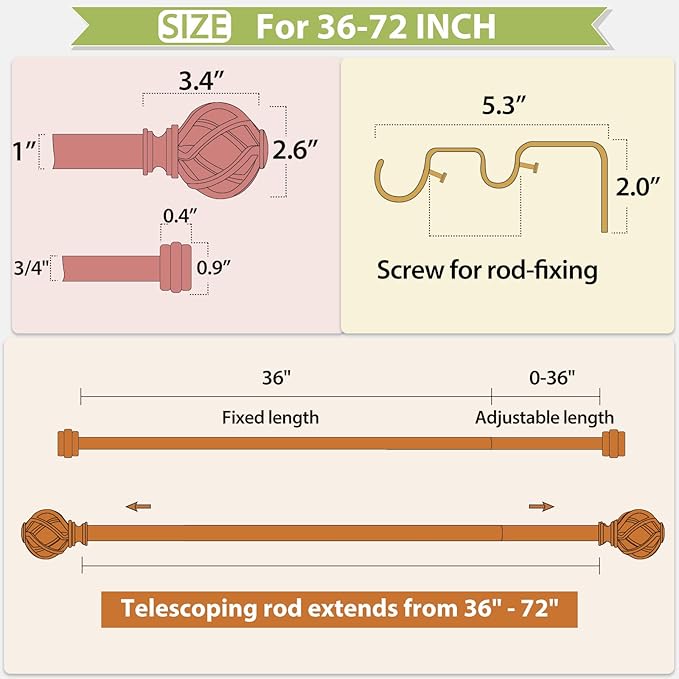 KAMANINA 1 Inch Double Curtain Rods 36 to 72 Inches (3-6 Feet) Window Telescoping Drapery Rod, Black Heavy Duty Curtain Rods for Windows, Twisted Cage Finials