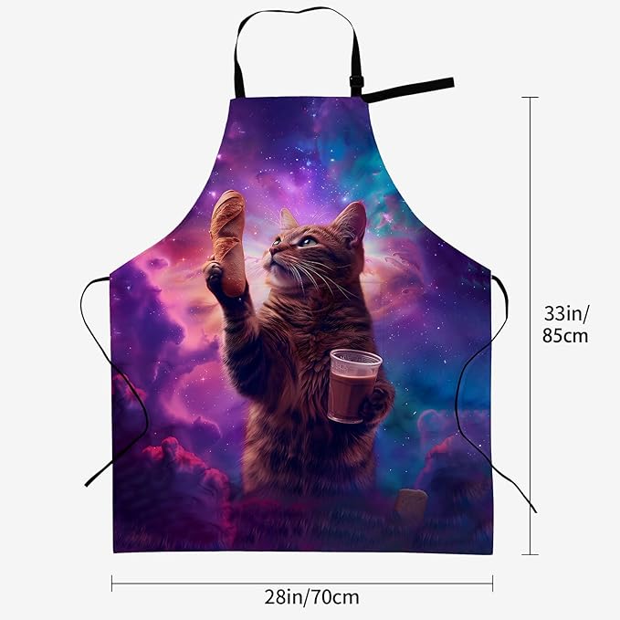 Cosmic Cat with Baguetter Apron for Women, 28x33in, Kitchen Chef Aprons with 2 Pockets, Polyester, Space Cat Apron for Cooking BBQ Baking Gardening Chef, Gifts for Mom Wife Dad