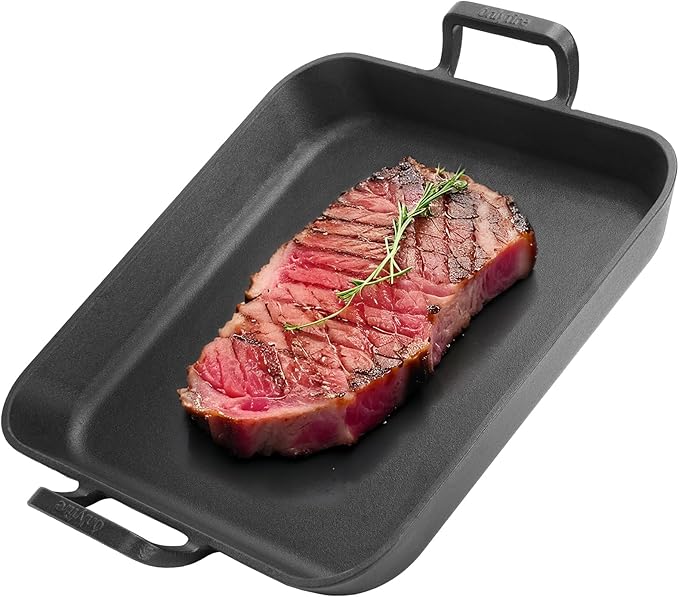 Onlyfire Pre-Seasoned Cast Iron Skillet, 12 Inch Square Steak Pan Frying Pan with Nonstick Perforated Grill Surface and Dual Handles, Cast Iron Grill Pan for Grills, Oven and All Stovetops