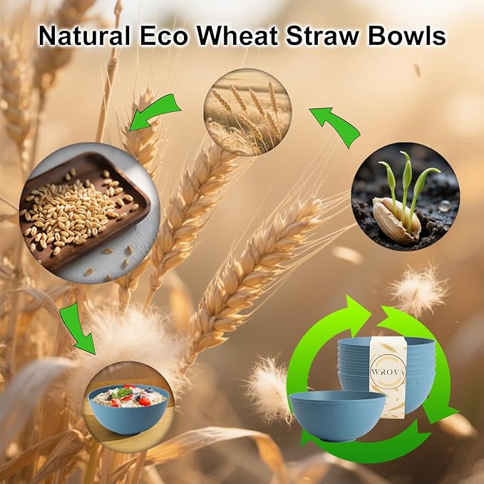 Wrova Wheat Straw Salad Bowls for Kitchen set of 6,Anti-Scald Thick Soup Bowls 40oz,Microwave and Dishwasher Safe Bowl set easy to clean. Blue